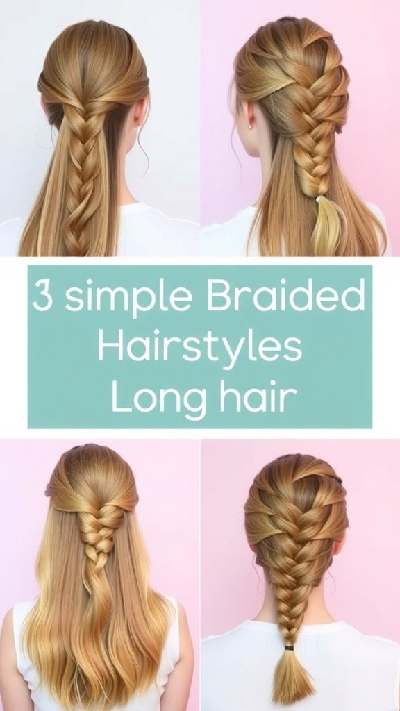 Collage of three easy braided hairstyles for long hair: classic braid, fishtail braid, Dutch braid.